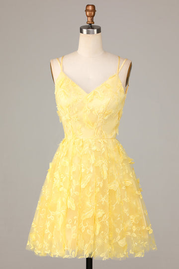 Keep Glowing A Line Spaghetti Straps Yellow Short Ball Dress with Appliques